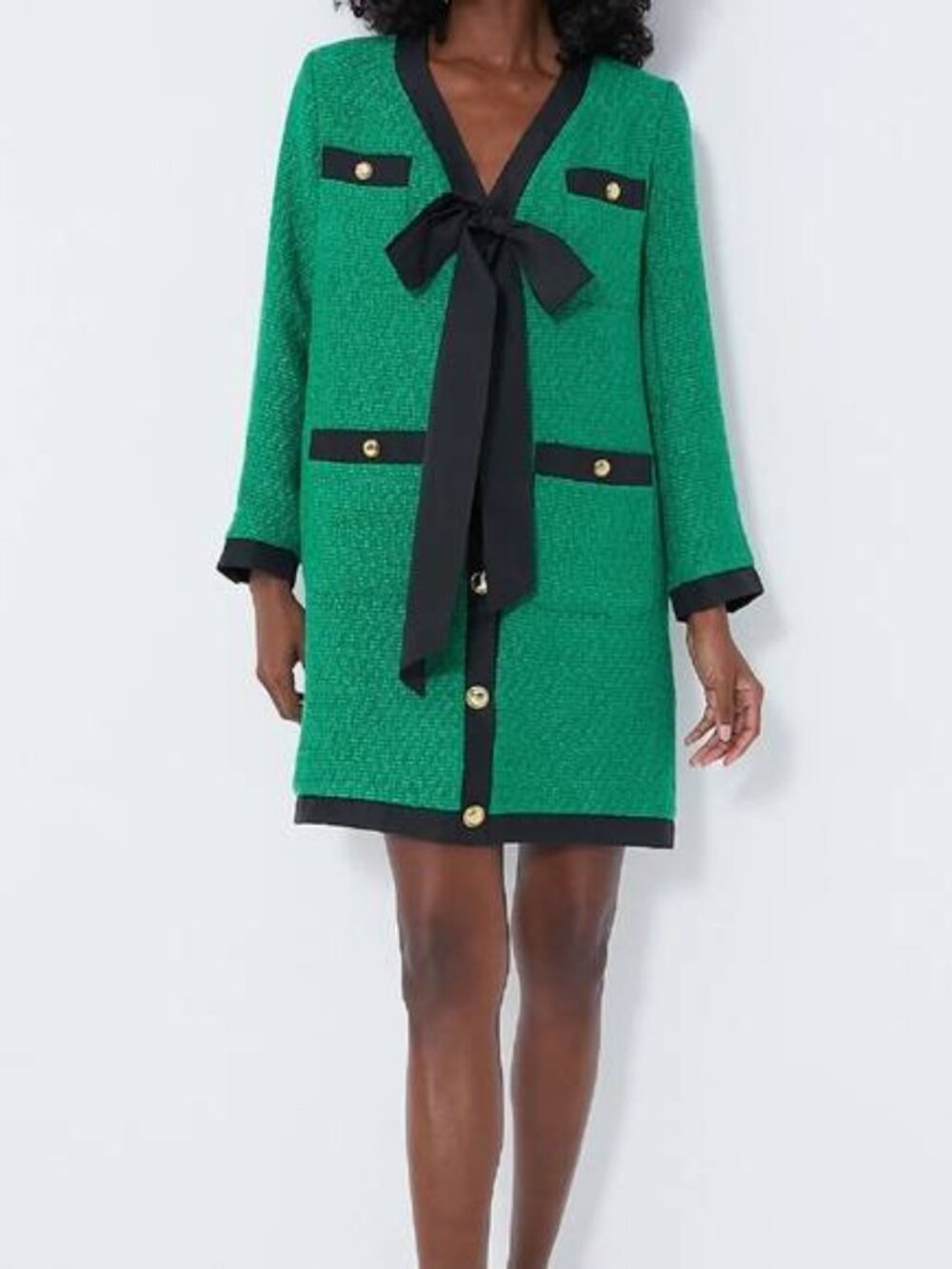 NEW POMANDER PLACE Mini Dress Green Size L Coco Tweed Bow V-Neck Long Sleeve